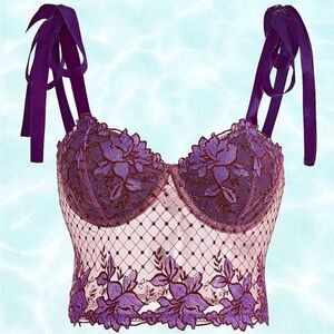 Purple Floral Embroidered
Mesh Bustier Satin Bow Tie Straps